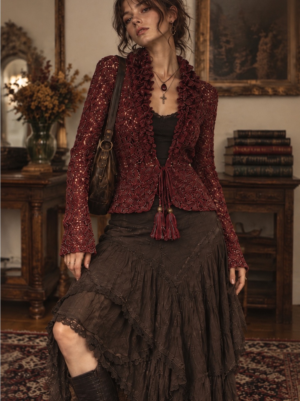 Vintage Y2K Intuitions Crochet Cardigan M Whimsigoth Fairy Grunge Boho